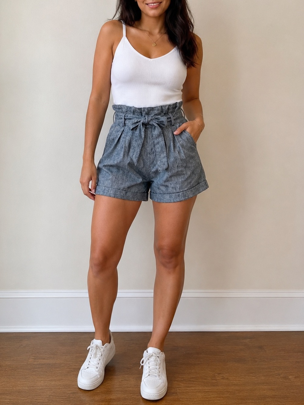 H81 THE AMERICAN BRAND BLUE CHAMBRAY PAPERBAG WAIST TIE FRONT SHORTS|SIZE 25(XS)